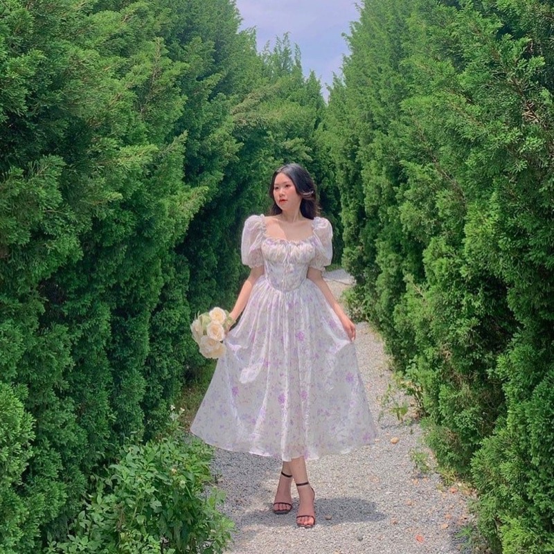 Váy midi tiểu thư hoa nhí tay bồng phong cách ngọt ngào