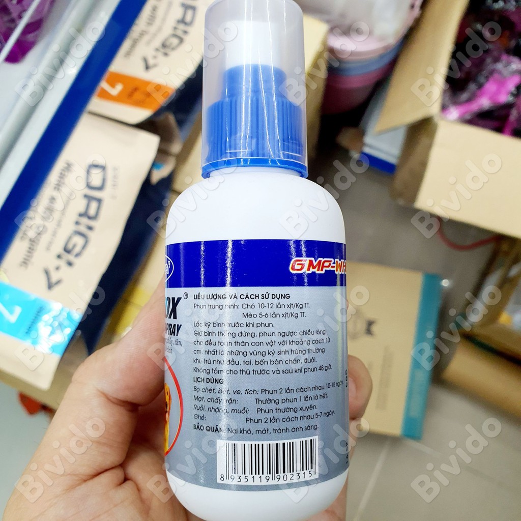 Thuốc xịt ve, bọ chét, ghẻ cho chó mèo Hantox Spray Hanvet chai 100ml - Bivido