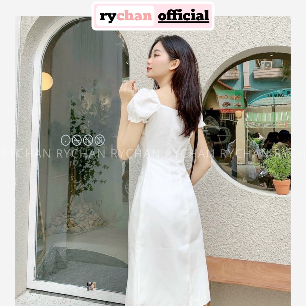 Đầm Xòe Cổ Vuông Viền Bèo Chiết Eo Xẻ Trước 3 Màu Trắng Nude Đỏ [Ảnh Thật Cuối] - DX0099