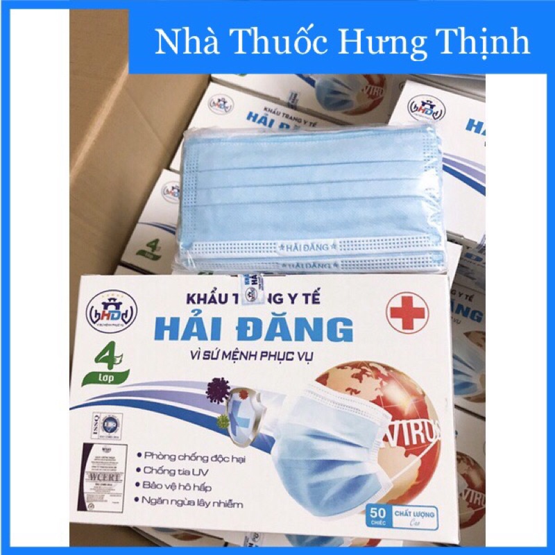 Khẩu trang y tế Hải Đăng 4 lớp ( Hộp 50 chiếc ) - 𝗟𝗼̣𝗰 𝗯𝘂̣𝗶, 𝗸𝗵𝗮́𝗻𝗴 𝗸𝗵𝘂𝗮̂̉𝗻 theo tiêu chuẩn của bộ y tế