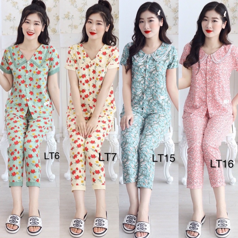 Bộ mặc nhà áo tay lỡ quần dài chất lụa thái hoạ tiết xinh mềm mát đủ size