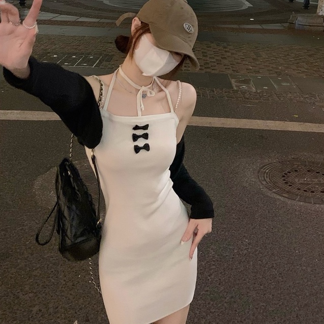 Đầm Hai Dây Ngắn Ôm Hông Đính Nơ Gợi Cảm 【ZHELIHANGFEI】