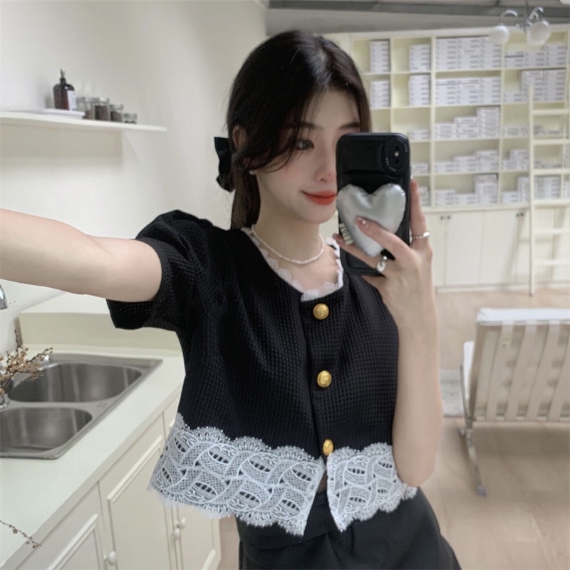 Áo kiểu pha ren cúc đồng cộc tay phong cách tiểu thư (Có ảnh thật)