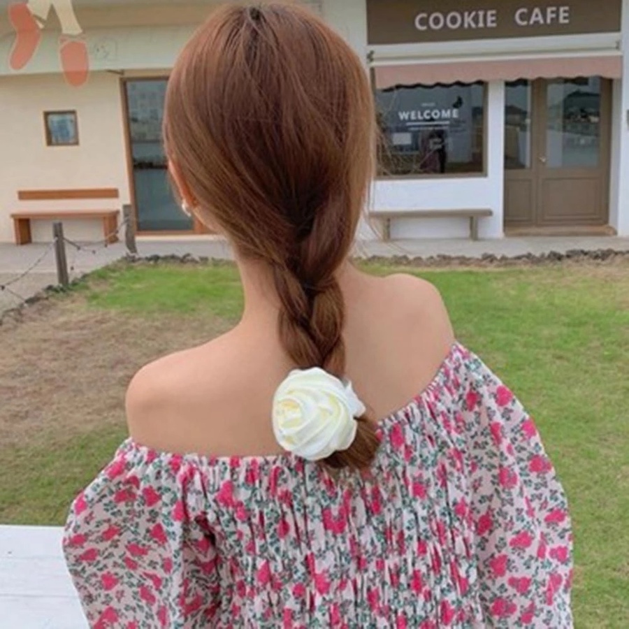 Dây buộc tóc co giãn vải satin họa tiết hoa hồng sang trọng cho nữ
