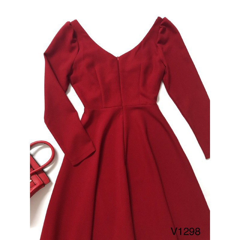 [ xả kho ] MiD Đầm đỏ xòe V1298 khoét cổ quyến rũ Mie Design kèm ảnh thật