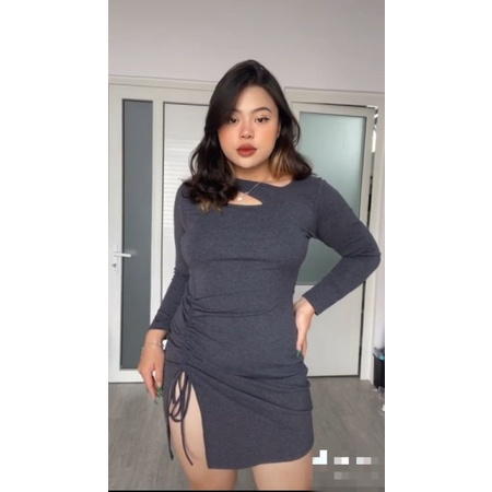 Đầm body rút (tay dài) cotton đen-xám bigsize (60-80kg) | BigBuy360 - bigbuy360.vn