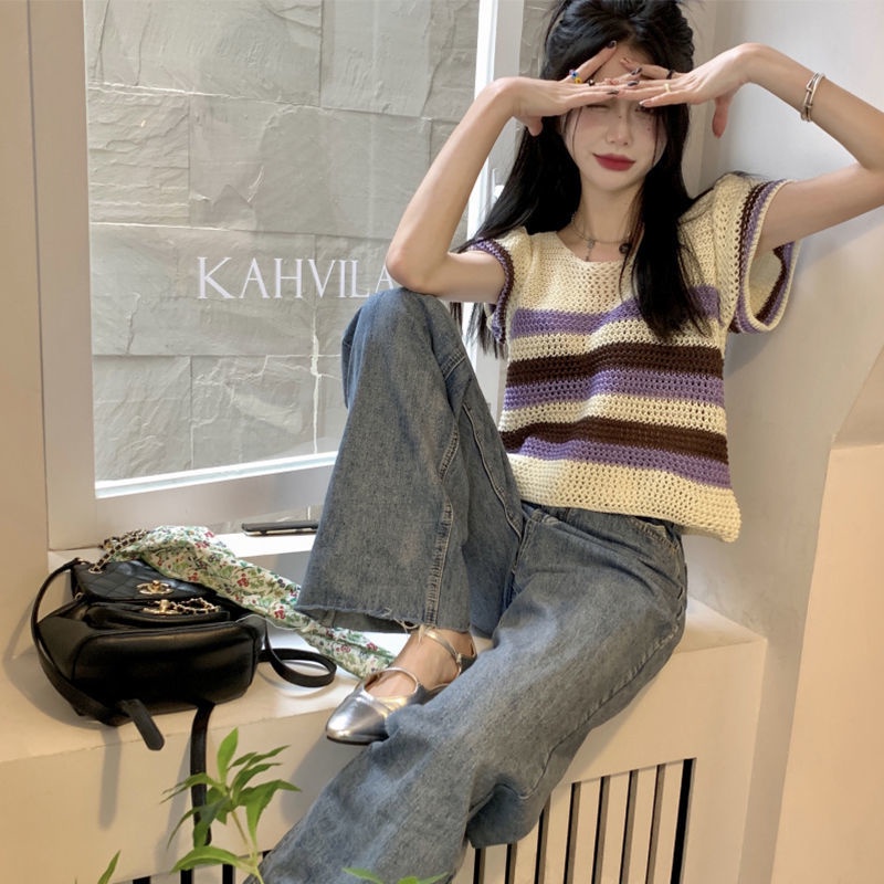COZOK Áo Dệt Kim Tay Ngắn Kẻ Sọc Dễ Phối Đồ Hợp Thời Trang