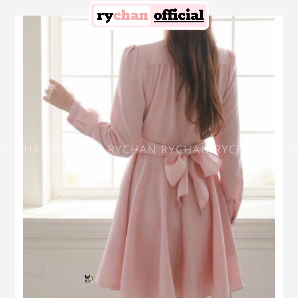 [ẢNH THẬT CUỐI] DX698 - Đầm Xòe Hồng Tay Dài Đắp Chéo Cột Eo