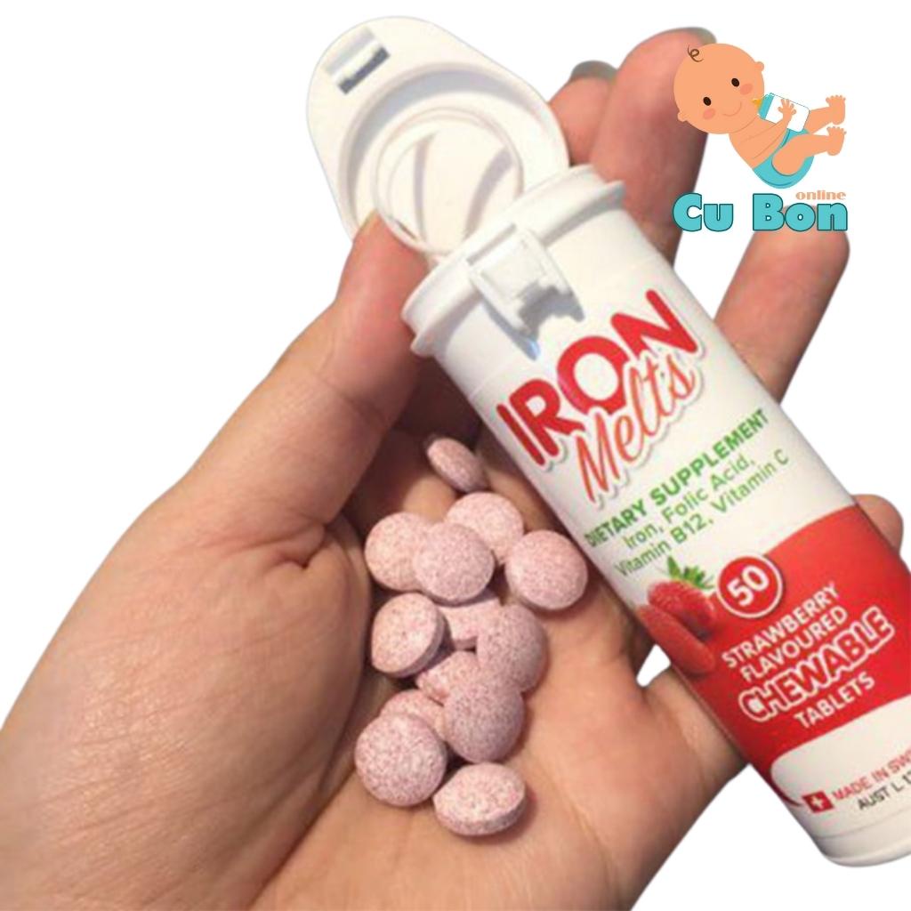 Viên ngậm bổ sung sắt Iron Melts Chewable vị dâu 50 viên của Úc Bổ Sung Sắt, Acid Folic, Vitamin B12 Và Vitamin C