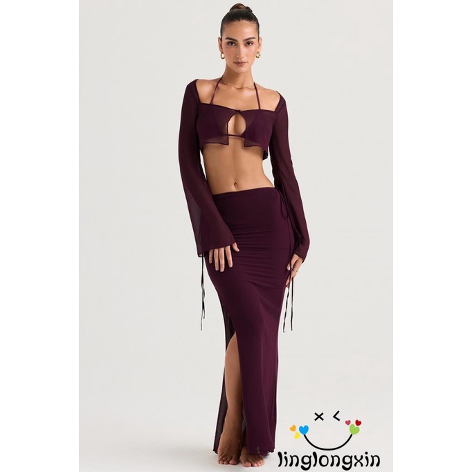 Bộ Áo Croptop Dài Tay Màu Trơn + Chân Váy Dài Lưng Cao Xẻ Tà Phối Dây Thời Trang Cho Nữ Linglongxi2