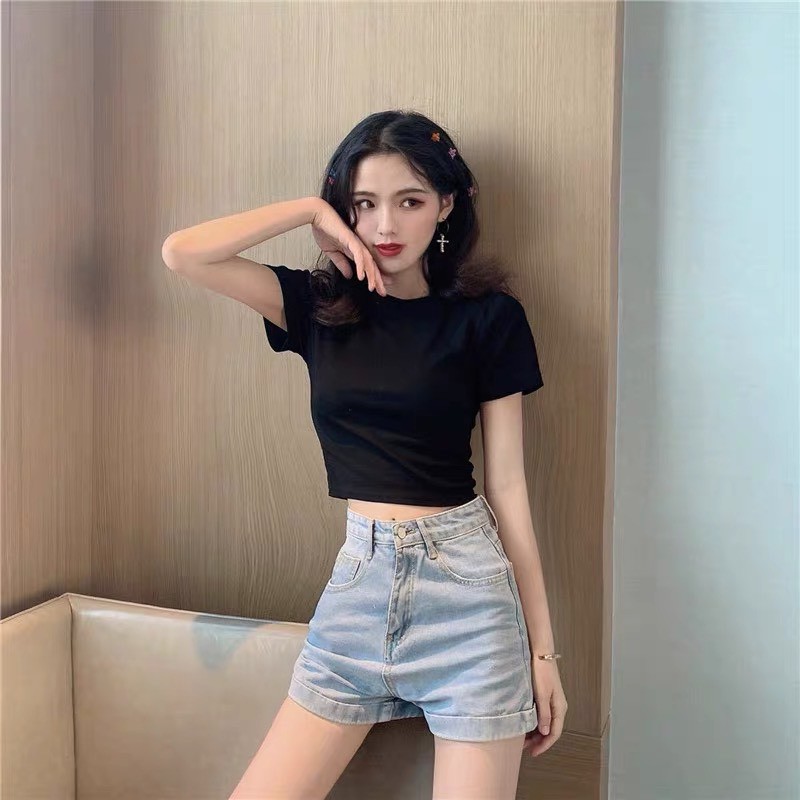 Áo croptop trơn KA Closet, chất zip cotton co dãn tốt, vải dầy, 2 màu Đen, Trắng, cổ tròn, ngắn tay