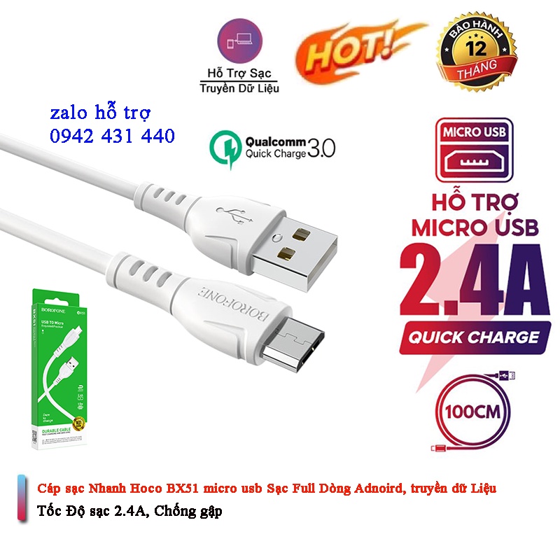 Cáp Sạc Nhanh borofone bx51 bx54 Micro USB 1m - BH 12 Tháng