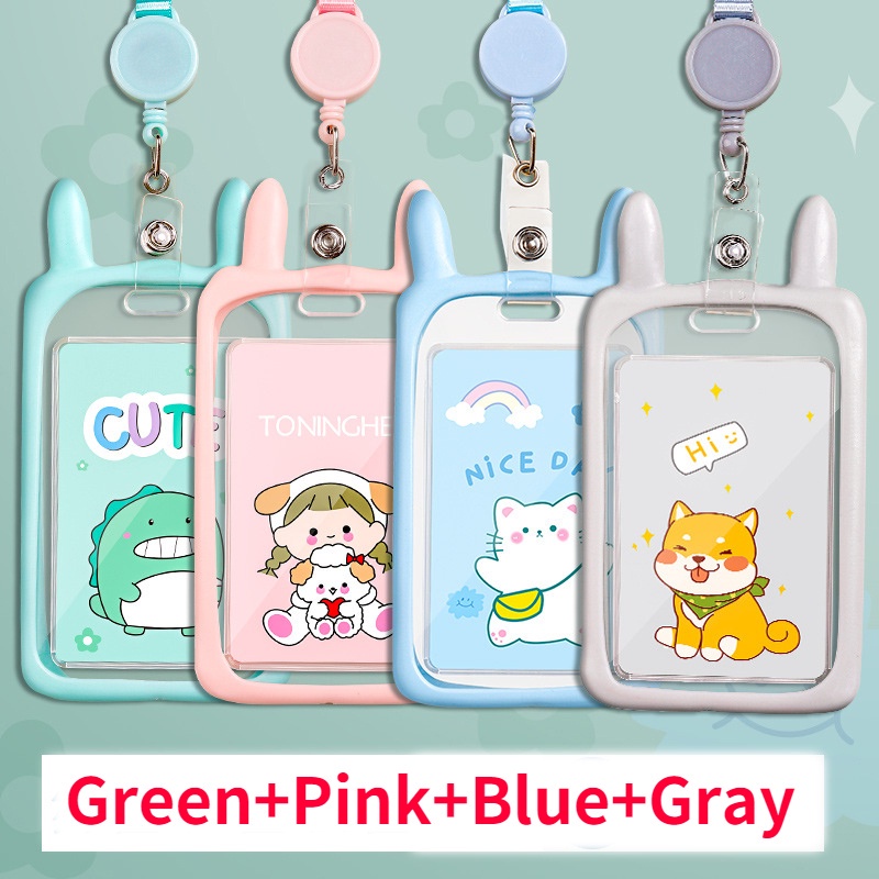 Kawaii phim hoạt hình 4 màu tùy chọn bảo vệ tay áo thẻ tay áo thẻ học sinh trường xe buýt thẻ bữa ăn thẻ bữa ăn huy hiệu công cộng bảo vệ huy hiệu silicon mềm treo cổ thẻ tay áo trường học supplie