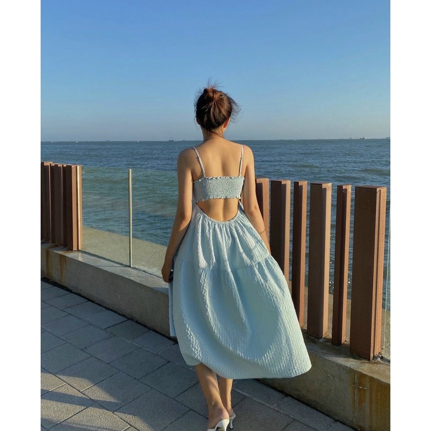 Đầm Cutout 💖DEMISS💖 Váy Babydoll Xanh Hai Dây Cutout Lưng Dáng Dài Dễ Thương - V-Xanh-244