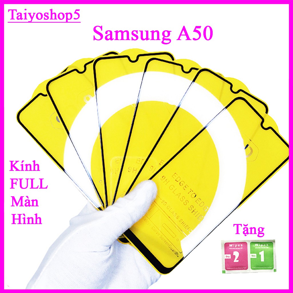 &quot;Kính cường lực Samsung A50 &quot;  Full màn hình, Ảnh thực shop tự chụp, tặng kèm bộ giấy lau kính TimShop