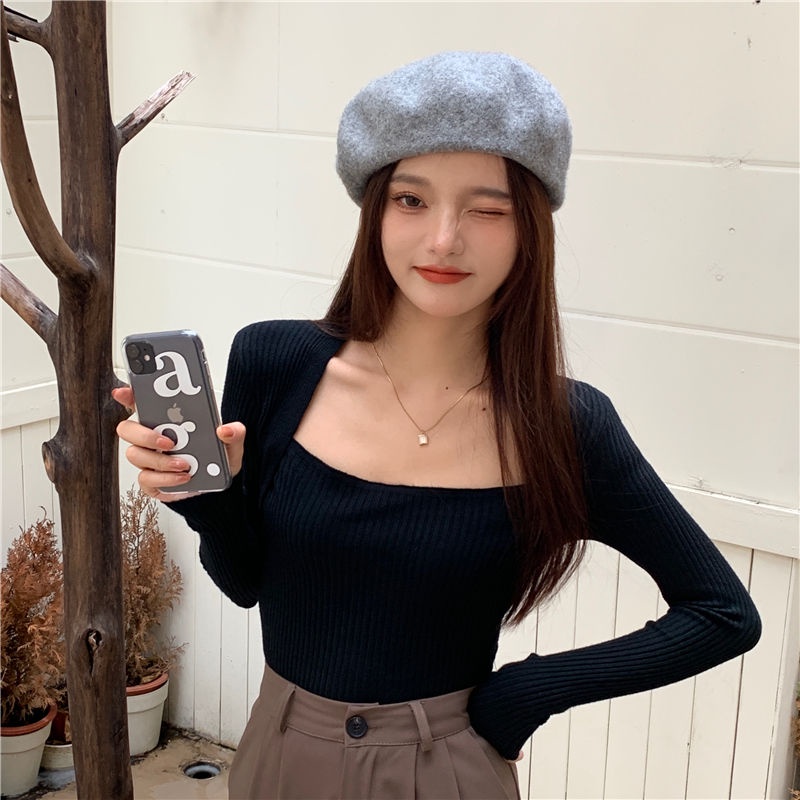 Áo dệt kim tay dài cổ vuông màu trơn phong cách Hàn Quốc thời trang quyến rũ