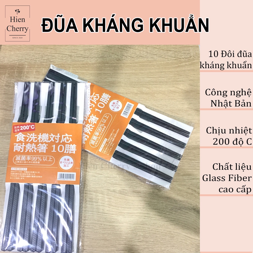 Set 10 đôi đũa kháng khuẩn chống nấm mốc, chịu nhiệt 200 độ C, chất liệu sợi thủy tinh cao cấp, công nghệ Nhật Bản