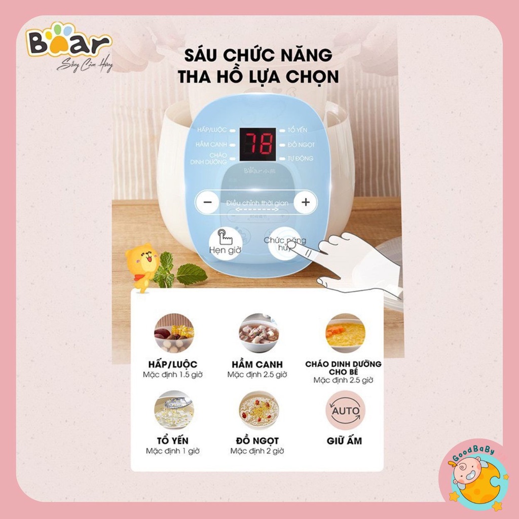 Nồi Nấu Cháo Chậm, Nồi Ninh Hầm Đa Năng 6in1 BEAR 0,8L Bảo hành 18 tháng Goodbabyvn