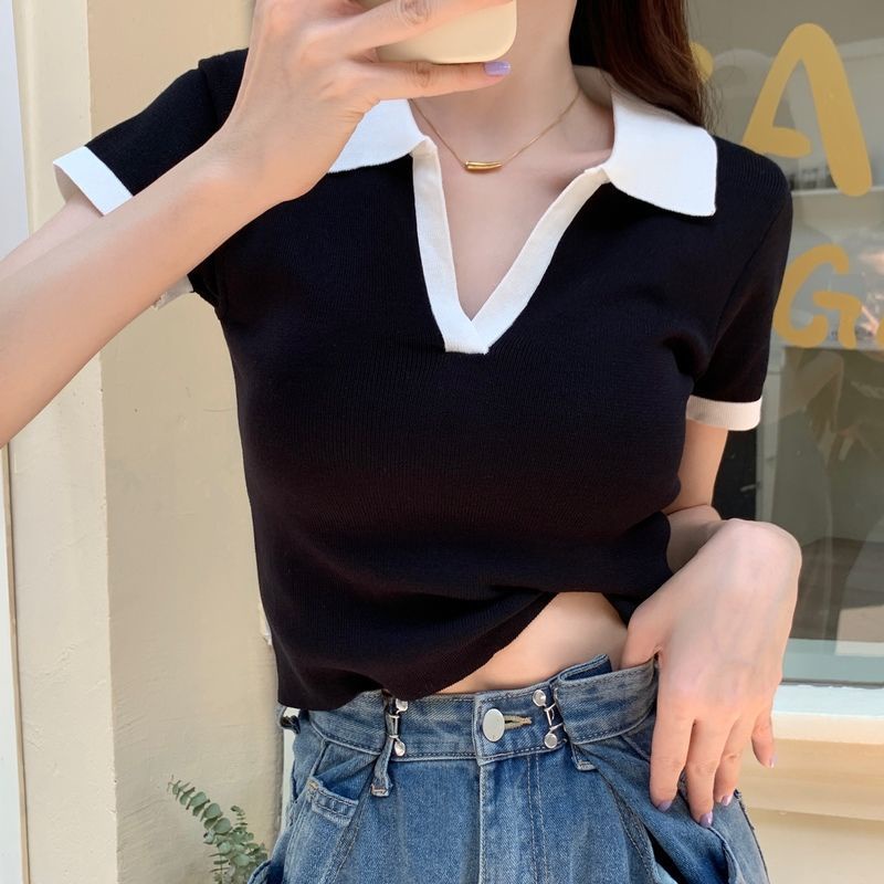 Áo polo Dệt Kim Tay Ngắn Hở Vai Thời Trang Mùa Hè 2022 Dành Cho Bạn Nữ