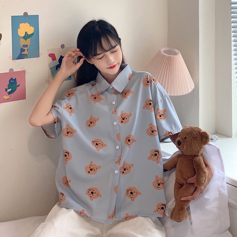 SUXI Áo kiểu nữ tay ngắn họa tiết hình chú gấu phong cách Nhật Bản