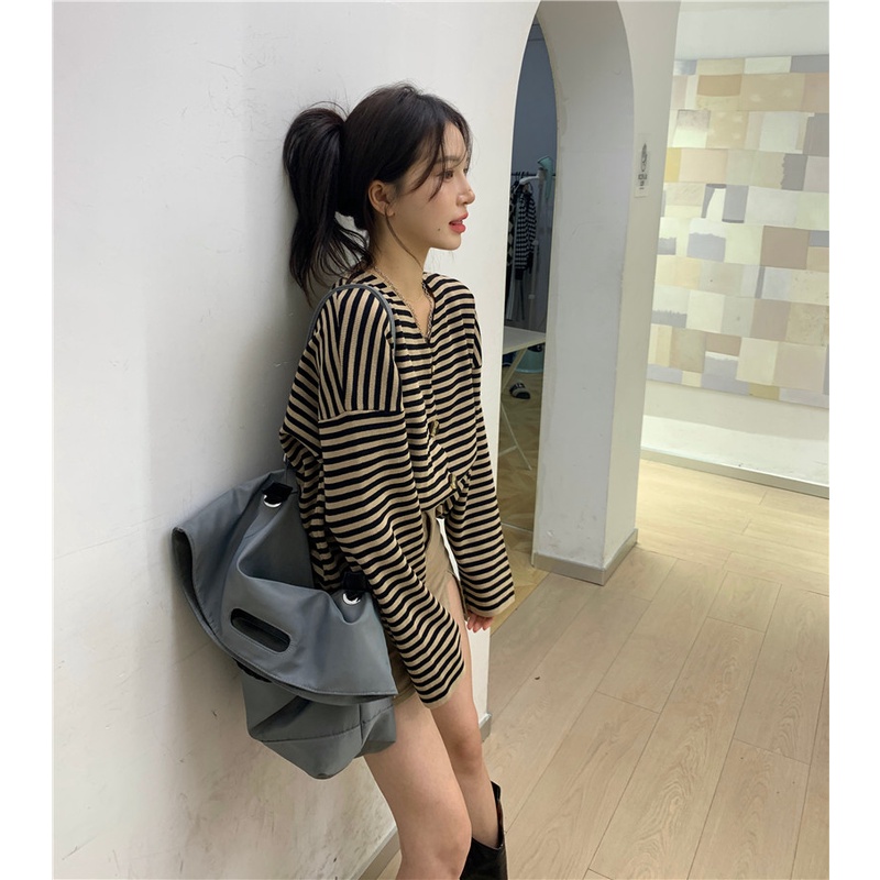 ZHELIHANGFEI Áo Cardigan Dệt Kim Tay Dài Cổ Chữ V Dáng Rộng Hoạ Tiết Kẻ Sọc Thời Trang