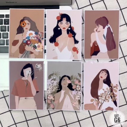 [ FreeShip ] Set 9 tấm thiệp postcard CÔ GÁI VÀ HOA có sẵn decor trang trí phòng siêu cute