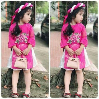 Set Áo Dài Cách Tân Ren Thêu Hoa, Chân Váy Phi Kèm Mấn, Cho Bé Từ 8-22kg