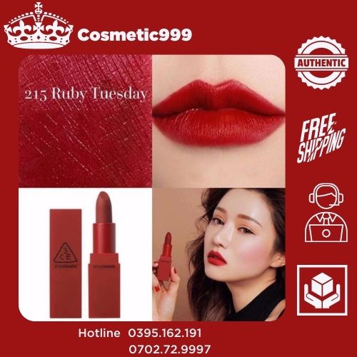 Son 3ce chính hãng, son thỏi 3ce hàn quốc chính hãng đỏ rượu, đỏ đất, đỏ lạnh Cosmetic999