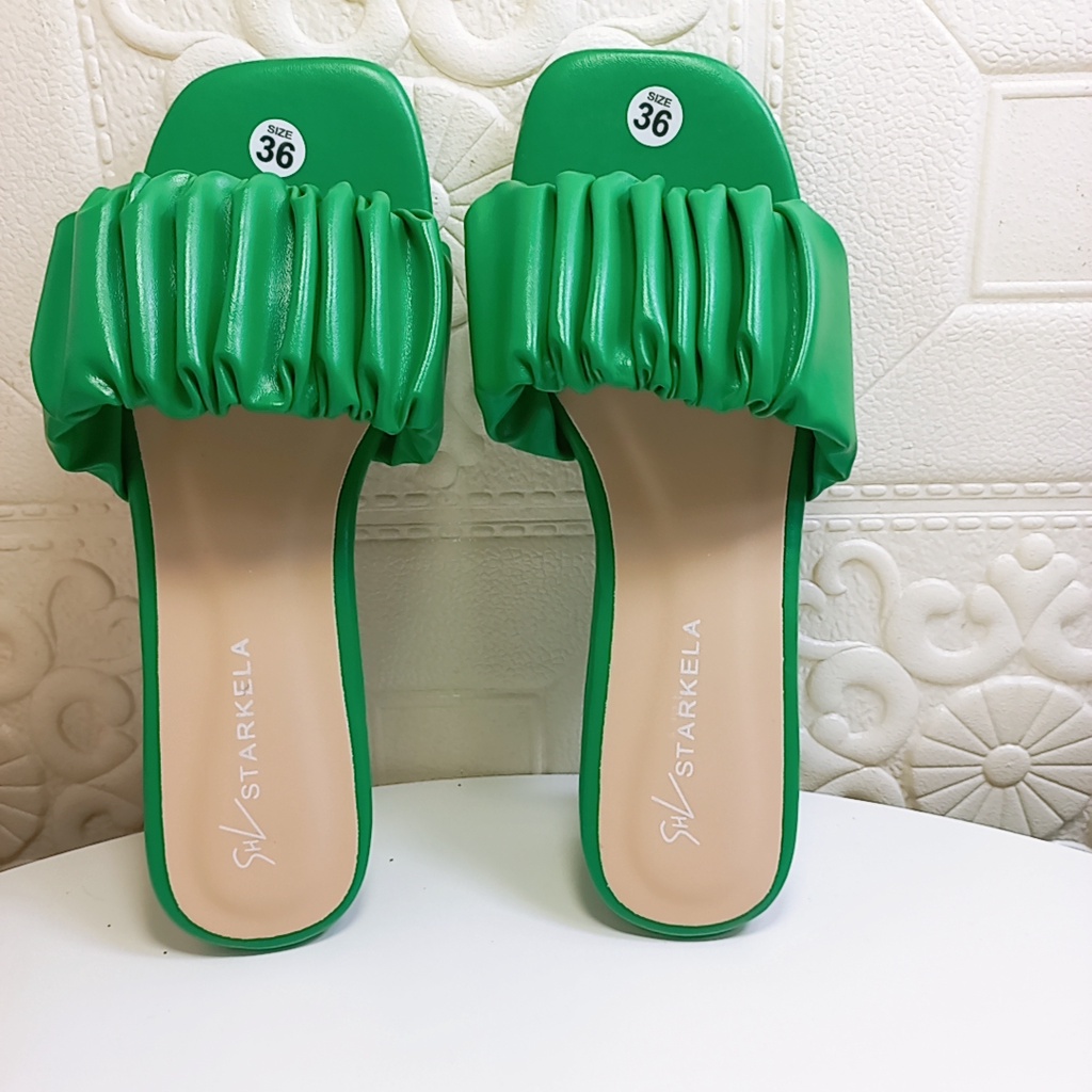 Dép nữ đế vuông cao 3cm quai ngang nhún bèo xinh xắn 4 màu đen trắng xanh hồng Minhtuyetshoes