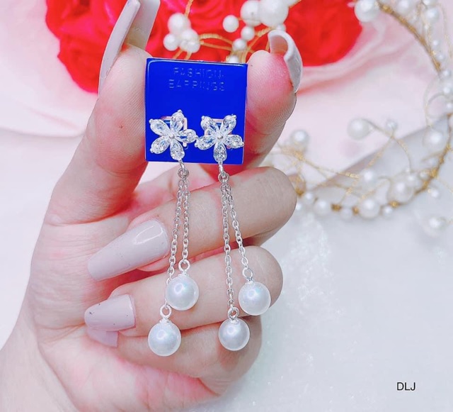 BÔNG TAI HOA ĐÁ KÈM TRAI XINH DÁNG DÀI - BÔNG TAI BẠC TA