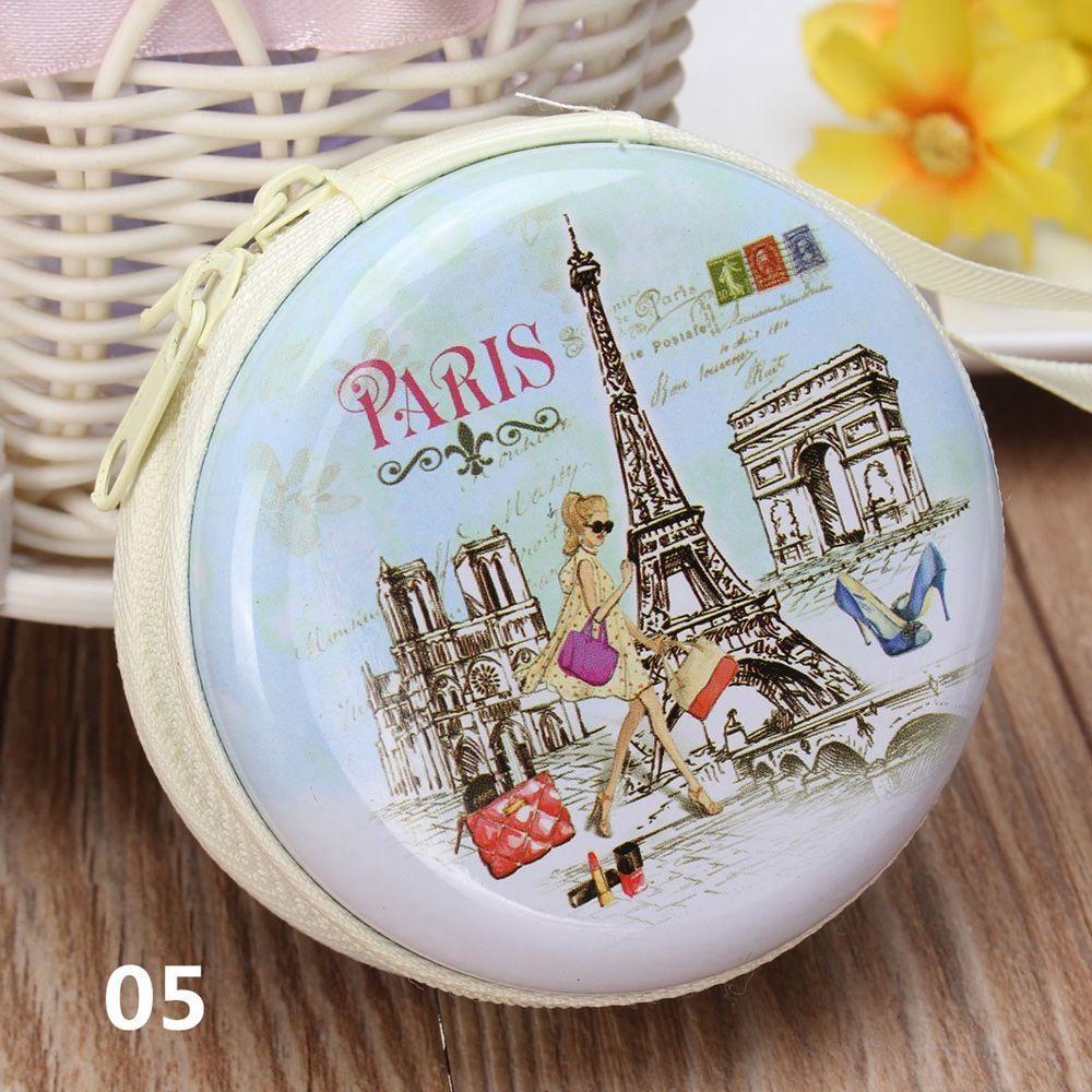 Túi Đựng Tai Nghe / Chìa Khóa Hình Tròn In Họa Tiết Tháp Paris Hoạt Hình Dễ Thương Thời Trang