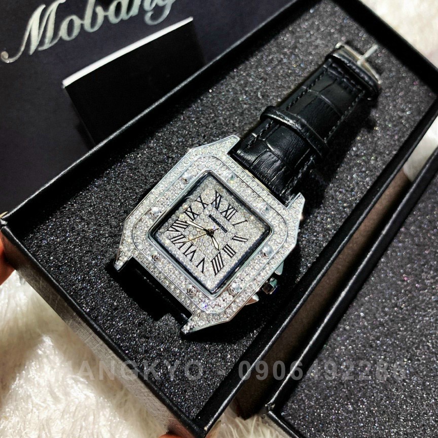 Đồng hồ nữ Mobangtuo dây da mặt vuông  đính full đá sang trọng, chống nước - Full Box