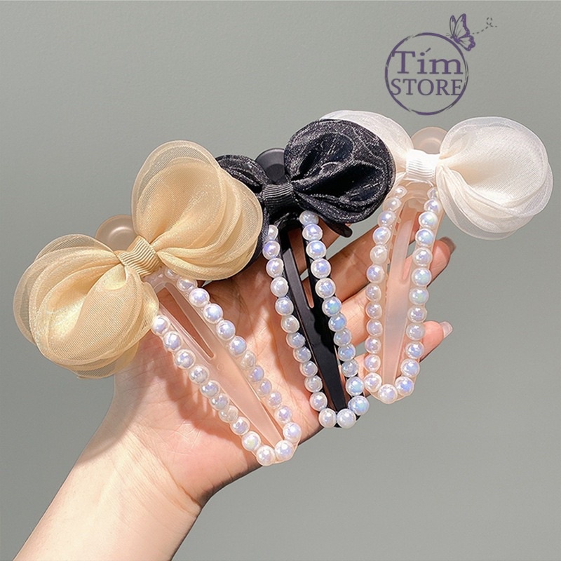 Kẹp tóc nơ ngọc trai nhân tạo TÍM STORE phụ kiện búi tóc phong cách hàn quốc