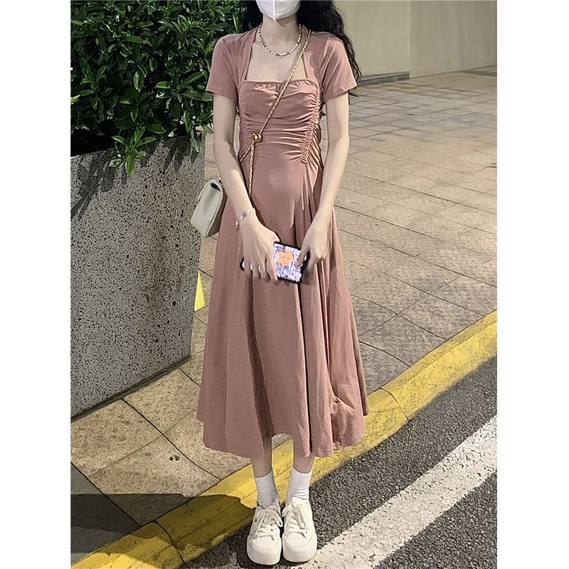 COZOKC Đầm Tay Ngắn Cổ Vuông Xếp Ly Chiết Eo Thời Trang Trẻ Trung