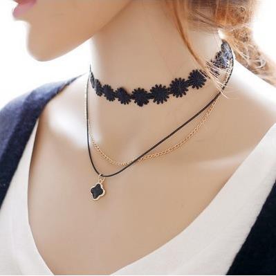 Vòng đeo cổ tatoo choker nhung ren gắn hạt cườm/ sợi mảnh hai dây gắn bông hoa 4 cánh sang chảnh cho nữ VC102