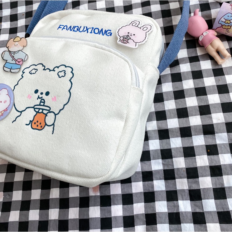 Túi chéo nữ mini vải canvas gấu thỏ trà sữa cute thời trang teen giá rẻ