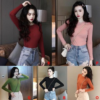 Áo Thun Form Ôm Màu Trơn Tay Dài Trẻ Trung Xinh Xắn Cho Nữ