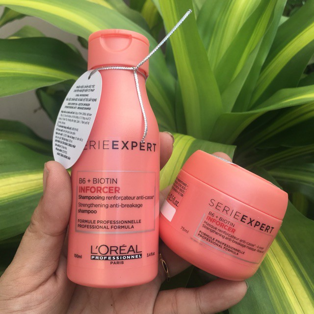 Dầu gội 100ml, hấp dầu 75ml Loreal Inforcer tăng cường dưỡng chất vitamin b6 + biotin cho tóc gãy rụng