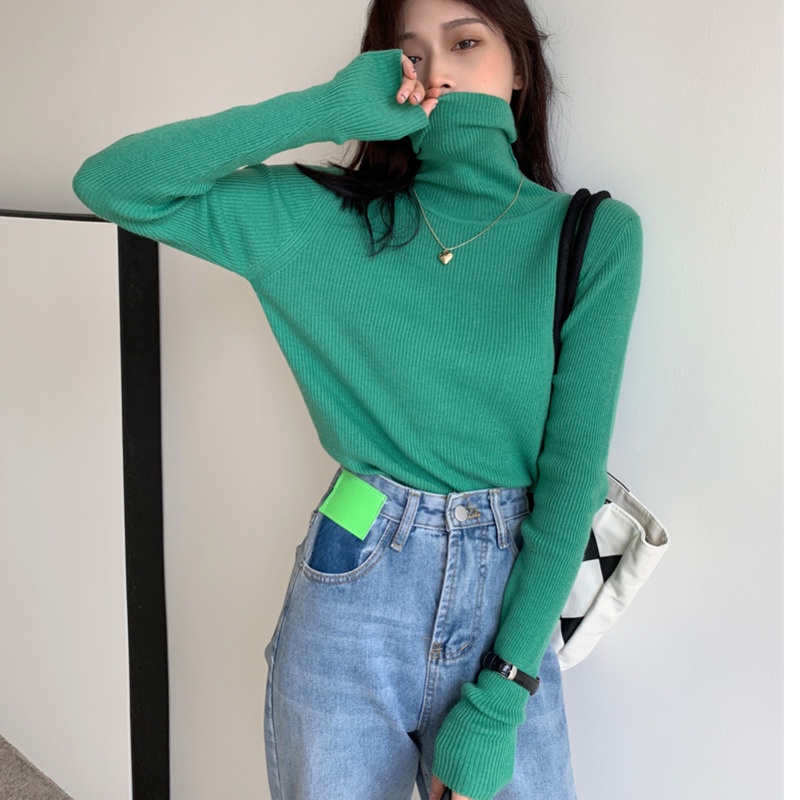 Áo dệt kim cổ cao màu sắc dễ phối đồ