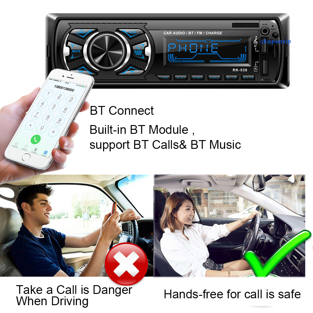 Đầu đĩa DVD RK538 tích hợp máy nghe nhạc MP3 Bluetooth Radio FM có khe cắm thẻ nhớ TF đĩa chữ U phổ biến cho xe hơi