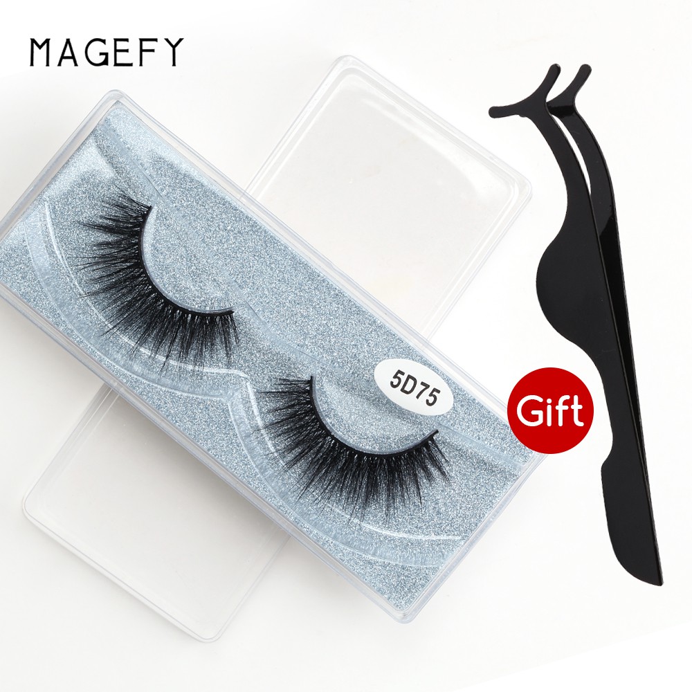 MAGEFY 5D Lông mi giả 1 cặp+gift nhíp gắp mi lông mi giả kiểu dáng 5D có thể tái sử dụng Tổng hợp lông mi giả cao cấp，lông mi mềm sợi tơi, có độ cong sẵn