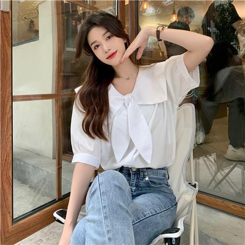 Áo Sơ Mi Cotton Cổ Thủy Thủ Thắt Nơ Phong Cách Pháp Mẫu Mới Thời Trang Xuân Hè 2022 Cho Nữ