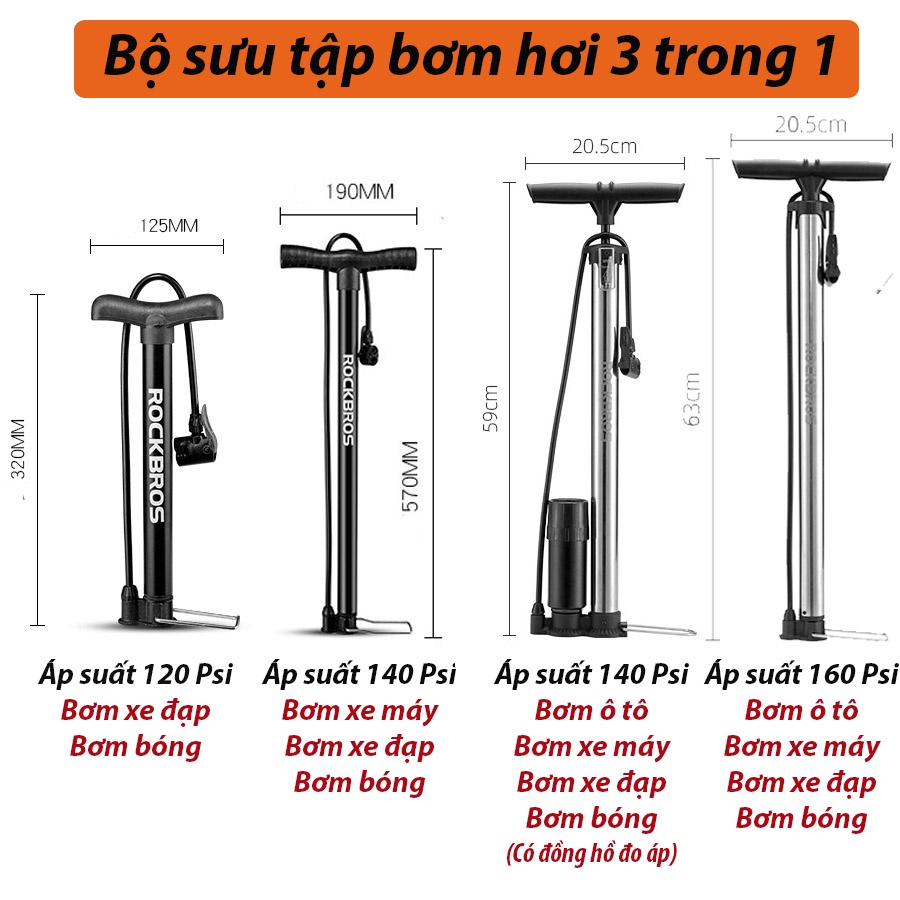 Bơm lốp ô tô xe máy xe hơi Rockbros160 PSI, có đồng hồ đo áp suất, đế chống trơn trượt, tặng đầu bơm bóng OTOBOX