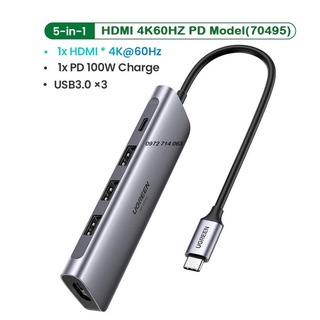 Bộ chuyển hub typec 5 in1 cao cấp ugreen 70495 usb-c to hdmi 4k@60hz+3 usb 3.0+pd100w - chính hãng