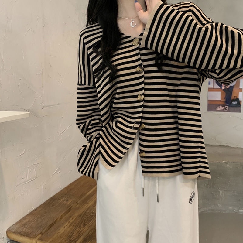 Áo khoác cardigan cổ chữ V tay dài họa tiết kẻ sọc thời trang