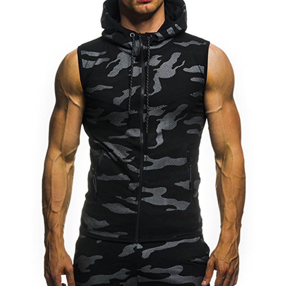Áo hoodie không tay họa tiết rằn ri cho nam