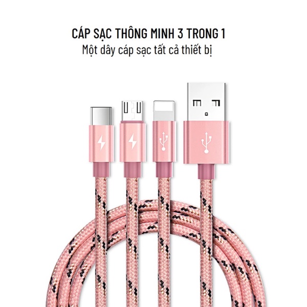 Dây cáp sạc 3 IN 1 YOO.BAO - microUSB - type C,bọc vải dù siêu bền,dài 1.2m-Hàng Chính Hãng