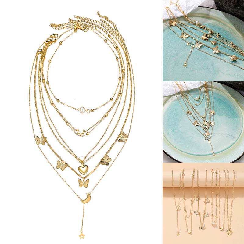 Set 6 Vòng cổ Nhiều Lớp Mặt Hình Bướm Và Hoa Hồng Phong Cách Retro JP5