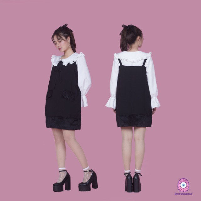 Váy yếm phối lông mịn màu đen/hồng