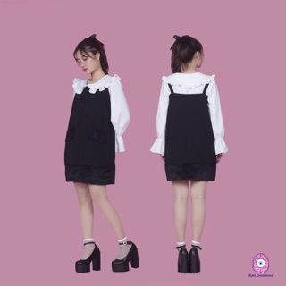 Váy yếm phối lông mịn màu đen/hồng